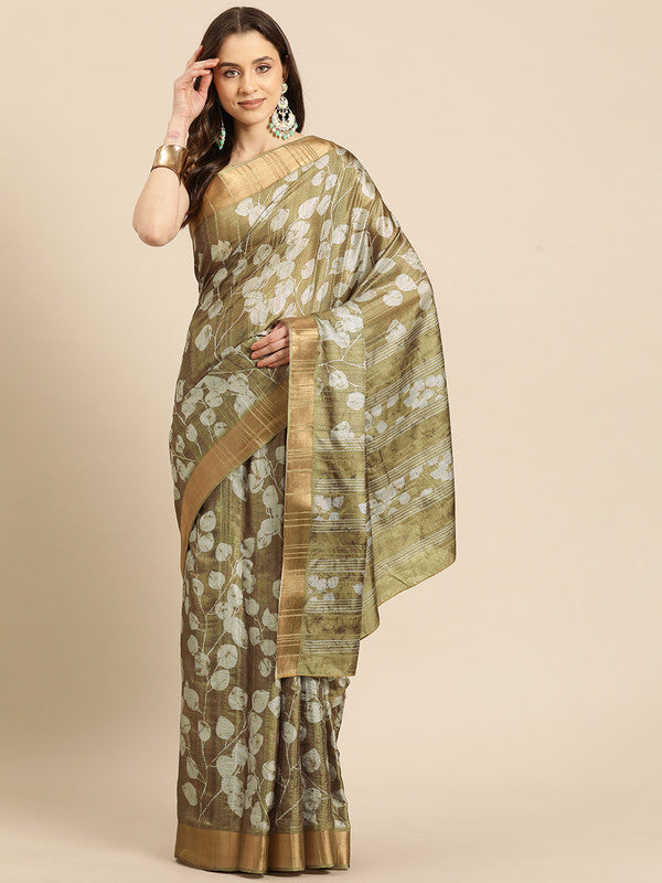 Olive Silk Blend Digital Print Floral Saree with Unstitched Blouse - Hiral Fashion | Swadesiicart