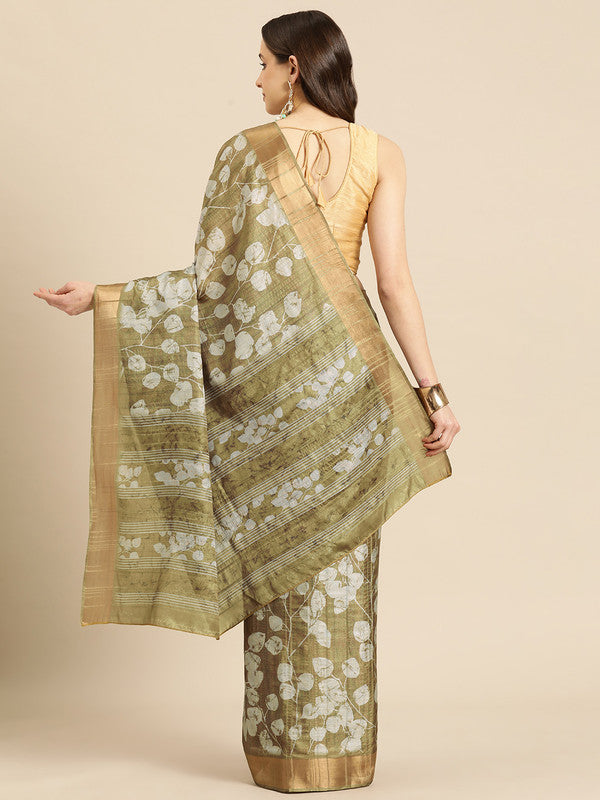 Olive Silk Blend Digital Print Floral Saree with Unstitched Blouse - Hiral Fashion | Swadesiicart