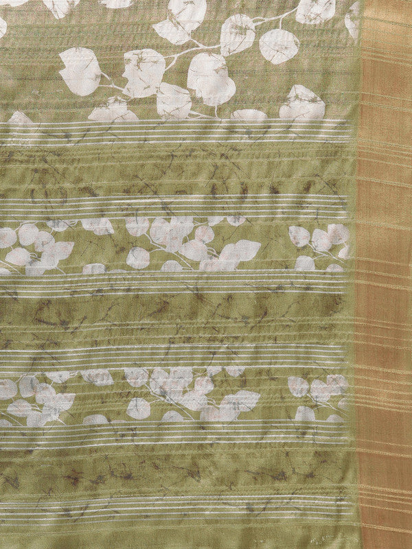 Olive Silk Blend Digital Print Floral Saree with Unstitched Blouse - Hiral Fashion | Swadesiicart