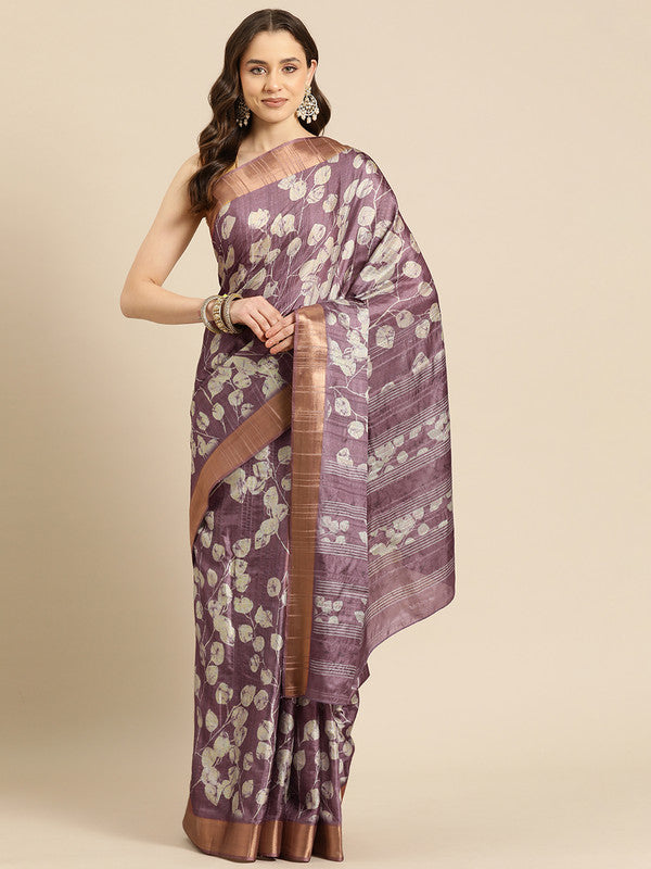 Purple Silk Blend Digital Print Floral Saree with Unstitched Blouse - Hiral Fashion | Swadesiicart