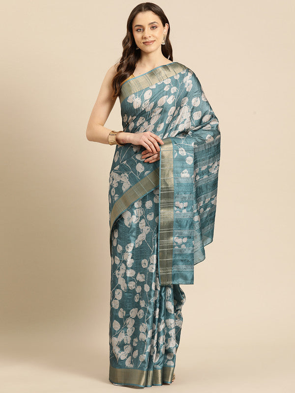 Turquoise Silk Blend Digital Print Floral Saree with Unstitched Blouse - Hiral Fashion | Swadesiicart