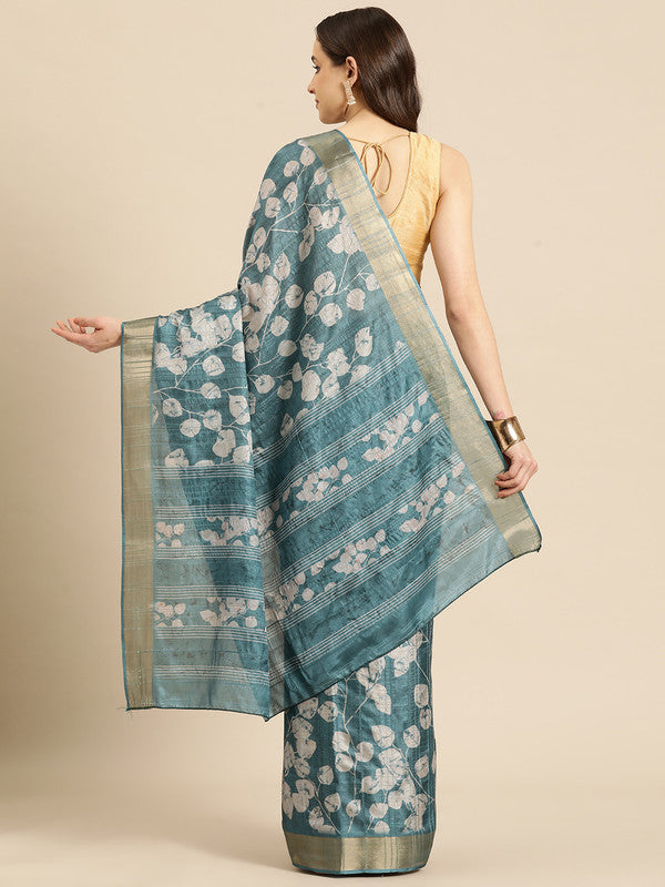 Turquoise Silk Blend Digital Print Floral Saree with Unstitched Blouse - Hiral Fashion | Swadesiicart