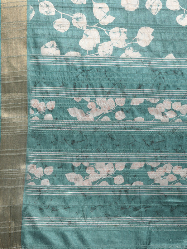 Turquoise Silk Blend Digital Print Floral Saree with Unstitched Blouse - Hiral Fashion | Swadesiicart