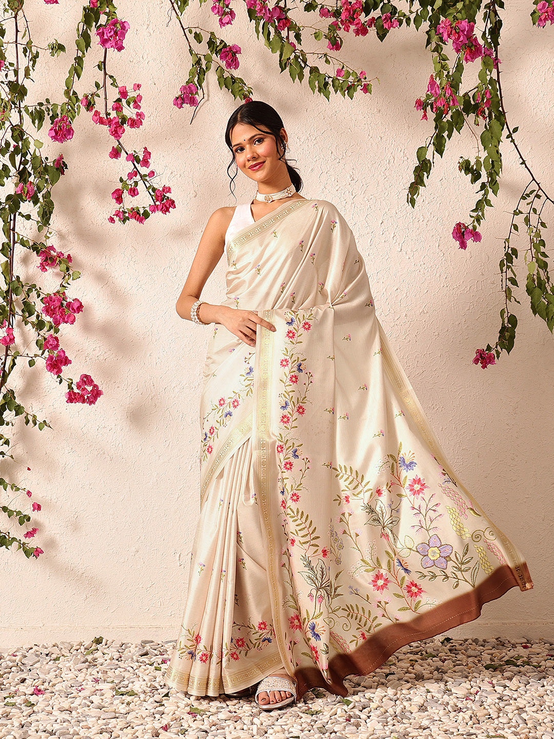 Hiral Fashion Beige Banarasi Art Silk Floral Digital Printed Saree | Swadesiicart