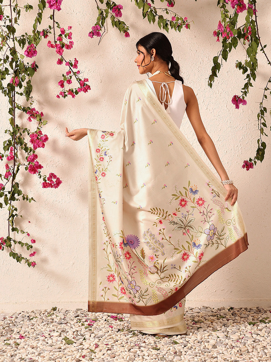 Hiral Fashion Beige Banarasi Art Silk Floral Digital Printed Saree | Swadesiicart
