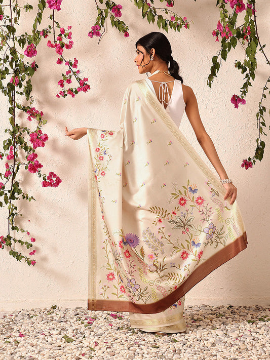 Hiral Fashion Beige Banarasi Art Silk Floral Digital Printed Saree | Swadesiicart