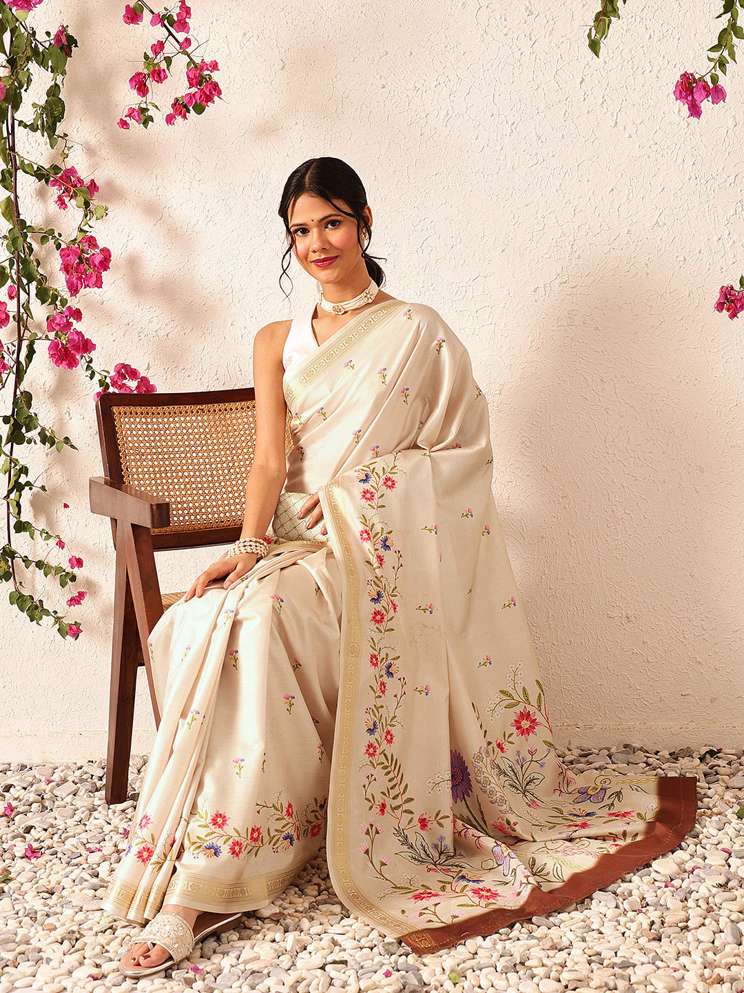 Hiral Fashion Beige Banarasi Art Silk Floral Digital Printed Saree | Swadesiicart