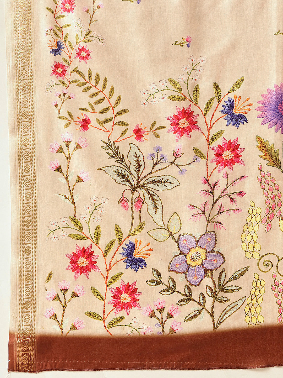 Hiral Fashion Beige Banarasi Art Silk Floral Digital Printed Saree | Swadesiicart