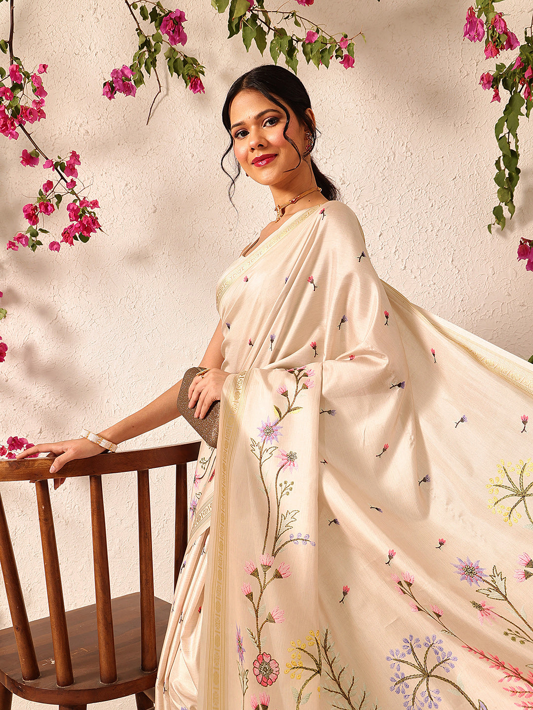 Hiral Fashion Beige Banarasi Art Silk Floral Digital Printed Saree | Swadesiicart