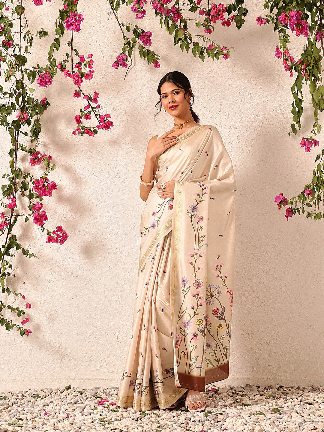 Hiral Fashion Beige Banarasi Art Silk Floral Digital Printed Saree | Swadesiicart