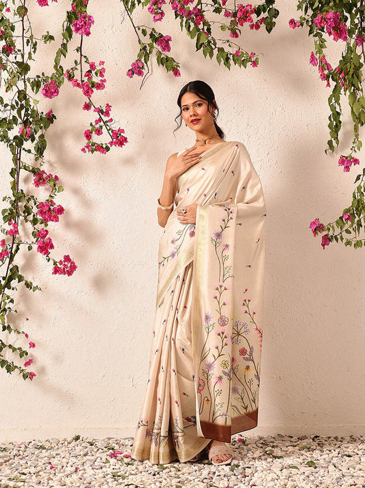 Hiral Fashion Beige Banarasi Art Silk Floral Digital Printed Saree | Swadesiicart