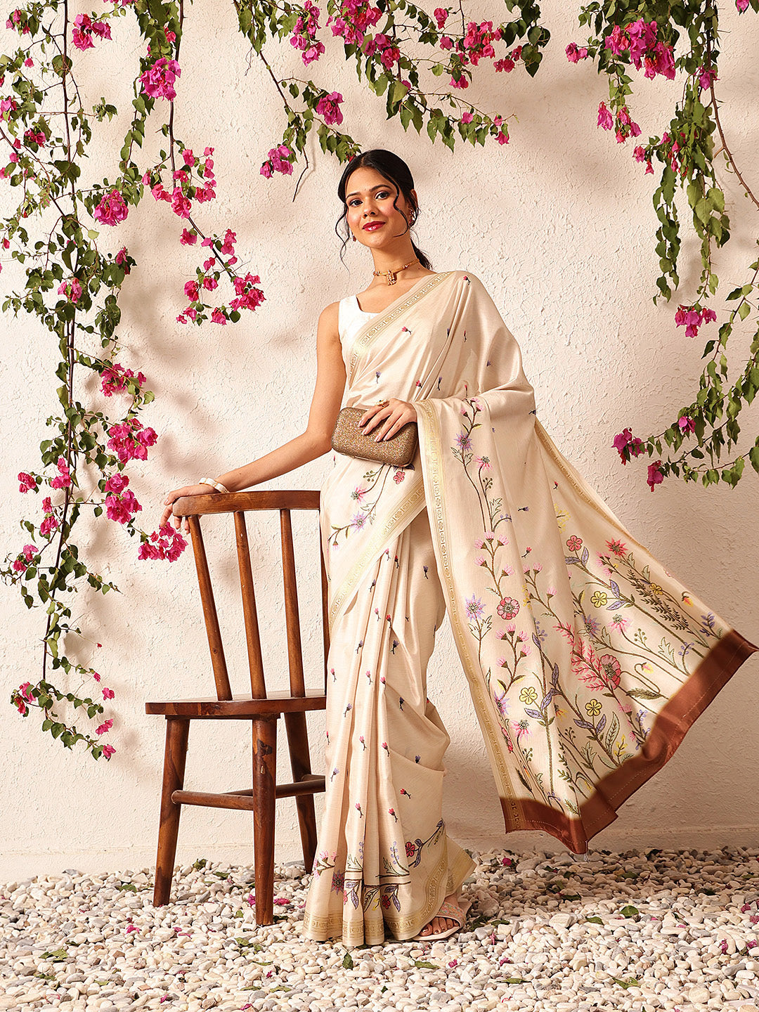 Hiral Fashion Beige Banarasi Art Silk Floral Digital Printed Saree | Swadesiicart
