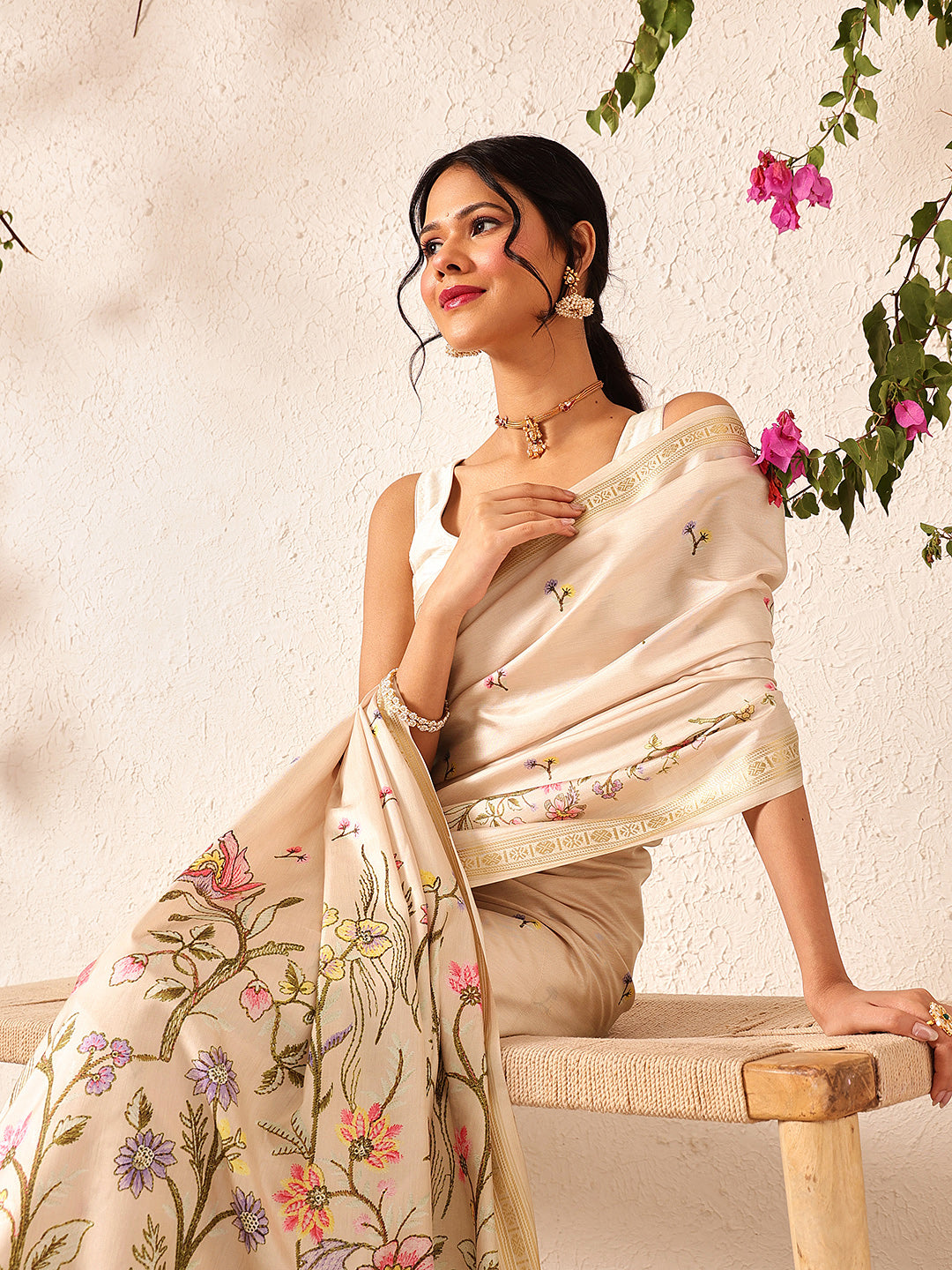 Hiral Fashion Beige Banarasi Art Silk Floral Digital Printed Saree | Swadesiicart