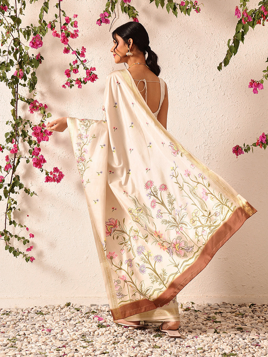 Hiral Fashion Beige Banarasi Art Silk Floral Digital Printed Saree | Swadesiicart