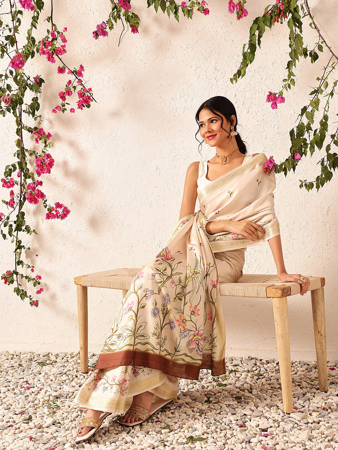 Hiral Fashion Beige Banarasi Art Silk Floral Digital Printed Saree | Swadesiicart