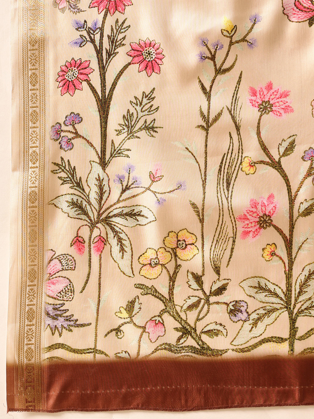 Hiral Fashion Beige Banarasi Art Silk Floral Digital Printed Saree | Swadesiicart