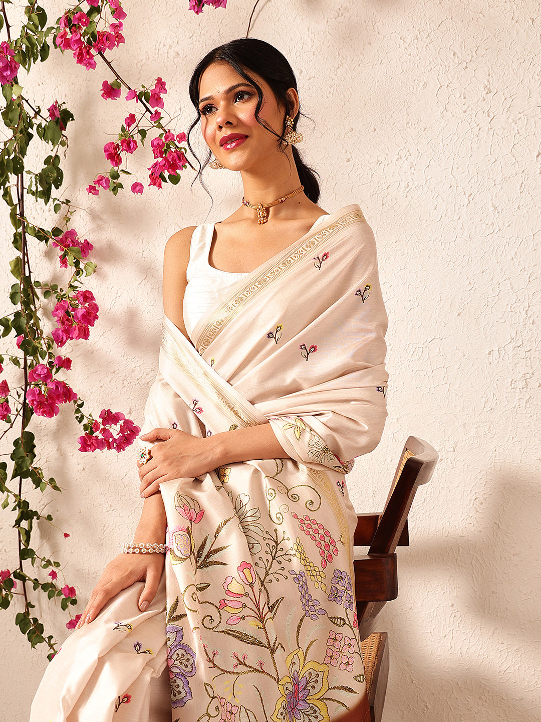 Hiral Fashion Beige Banarasi Art Silk Floral Digital Printed Saree | Swadesiicart