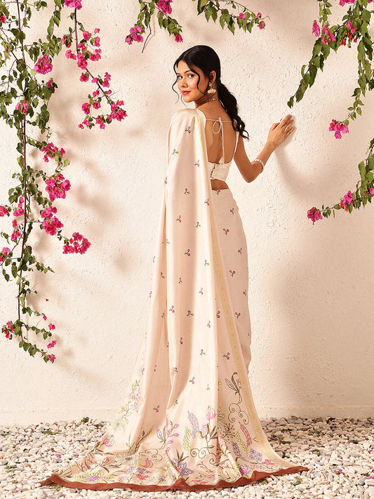 Hiral Fashion Beige Banarasi Art Silk Floral Digital Printed Saree | Swadesiicart