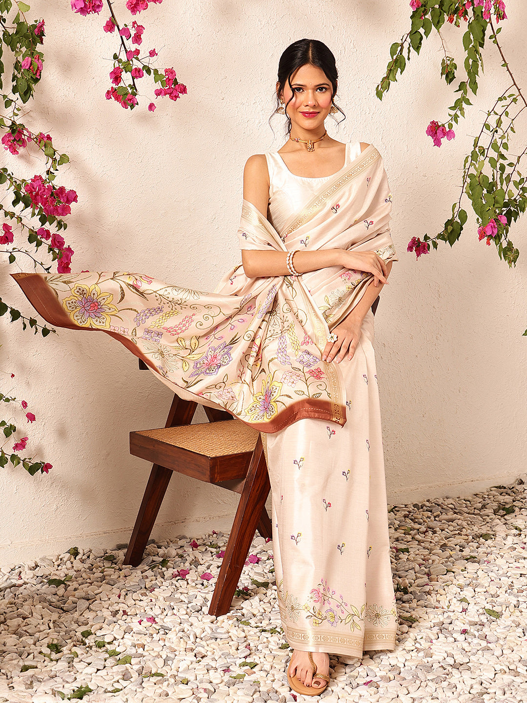Hiral Fashion Beige Banarasi Art Silk Floral Digital Printed Saree | Swadesiicart