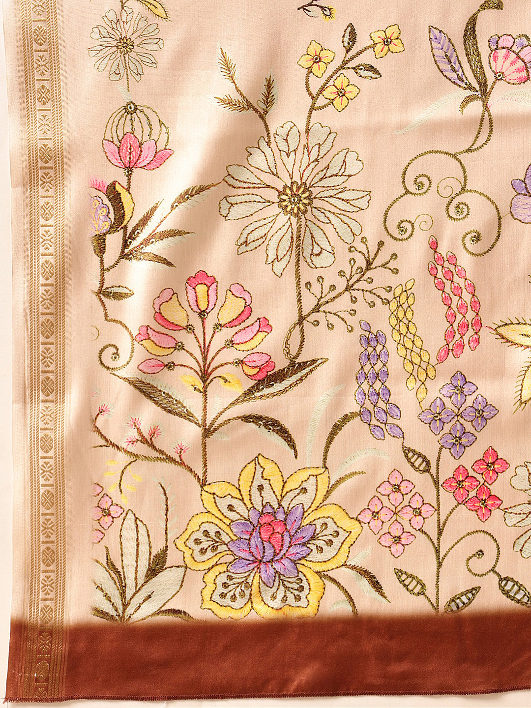 Hiral Fashion Beige Banarasi Art Silk Floral Digital Printed Saree | Swadesiicart