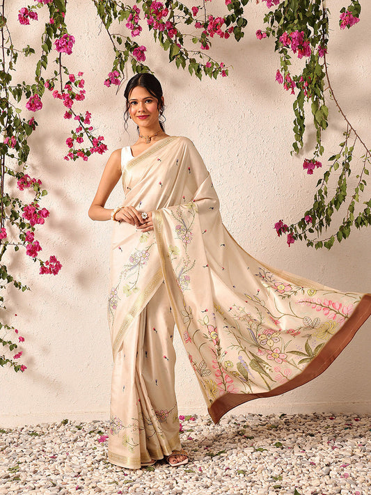 Hiral Fashion Beige Banarasi Art Silk Floral Digital Printed Saree | Swadesiicart