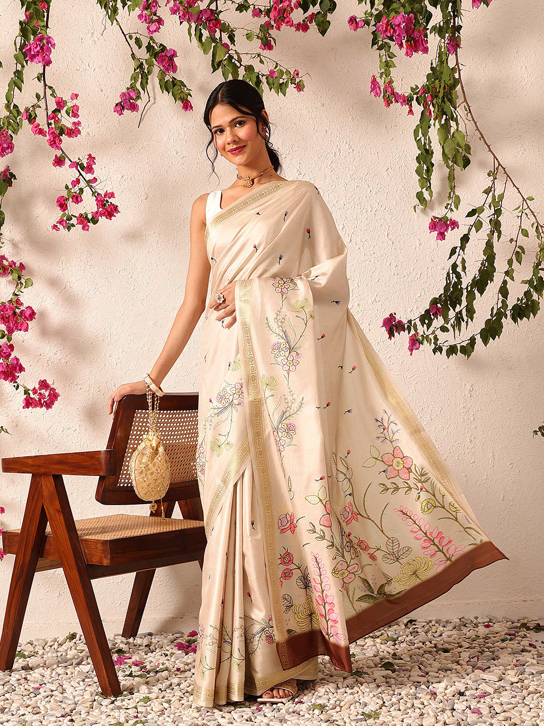 Hiral Fashion Beige Banarasi Art Silk Floral Digital Printed Saree | Swadesiicart