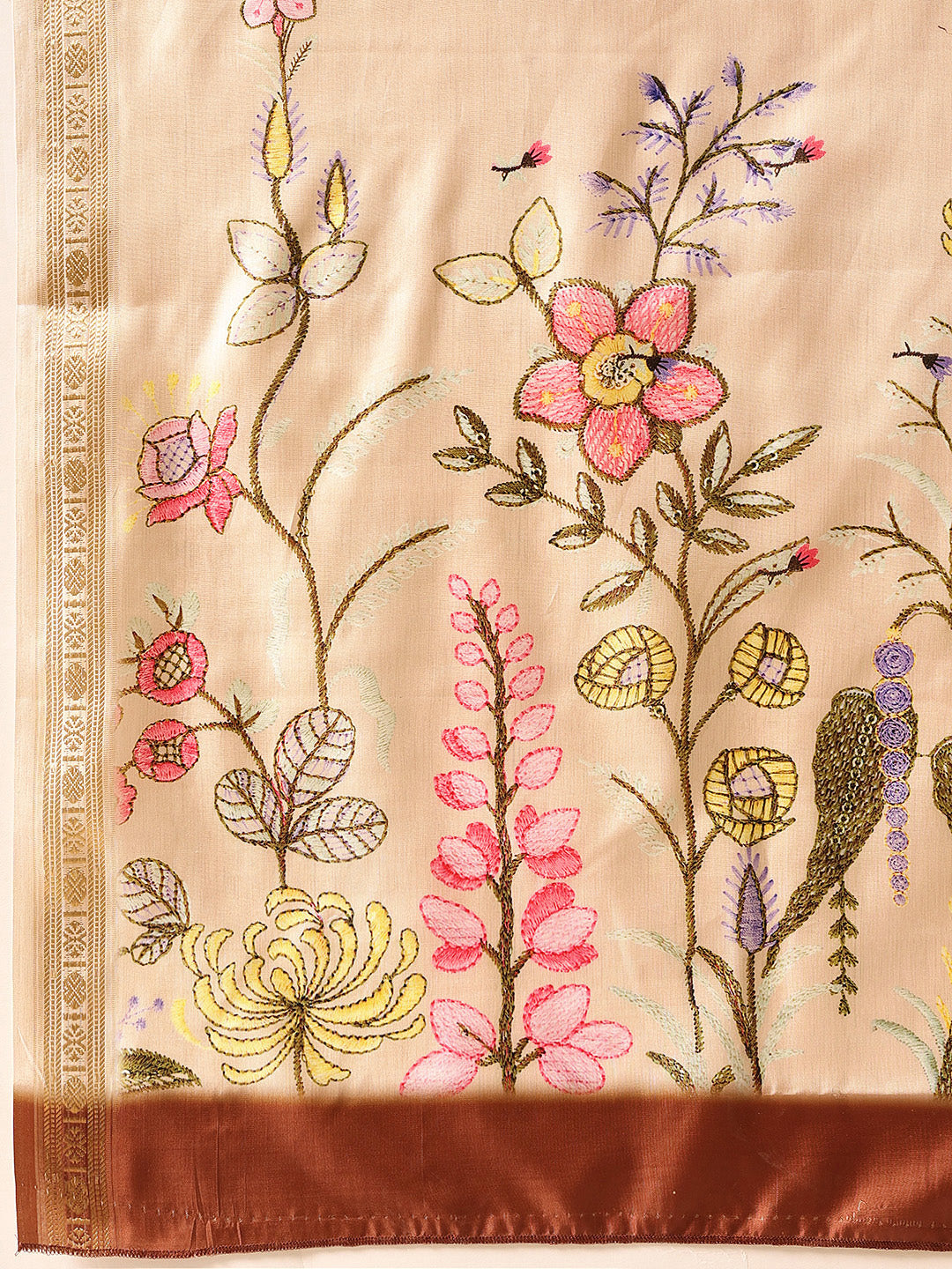 Hiral Fashion Beige Banarasi Art Silk Floral Digital Printed Saree | Swadesiicart