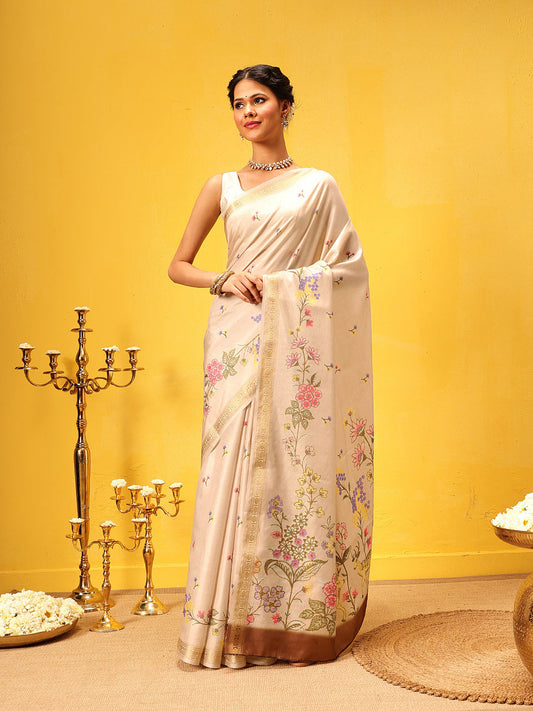 Hiral Fashion Beige Banarasi Art Silk Floral Digital Printed Saree | Swadesiicart
