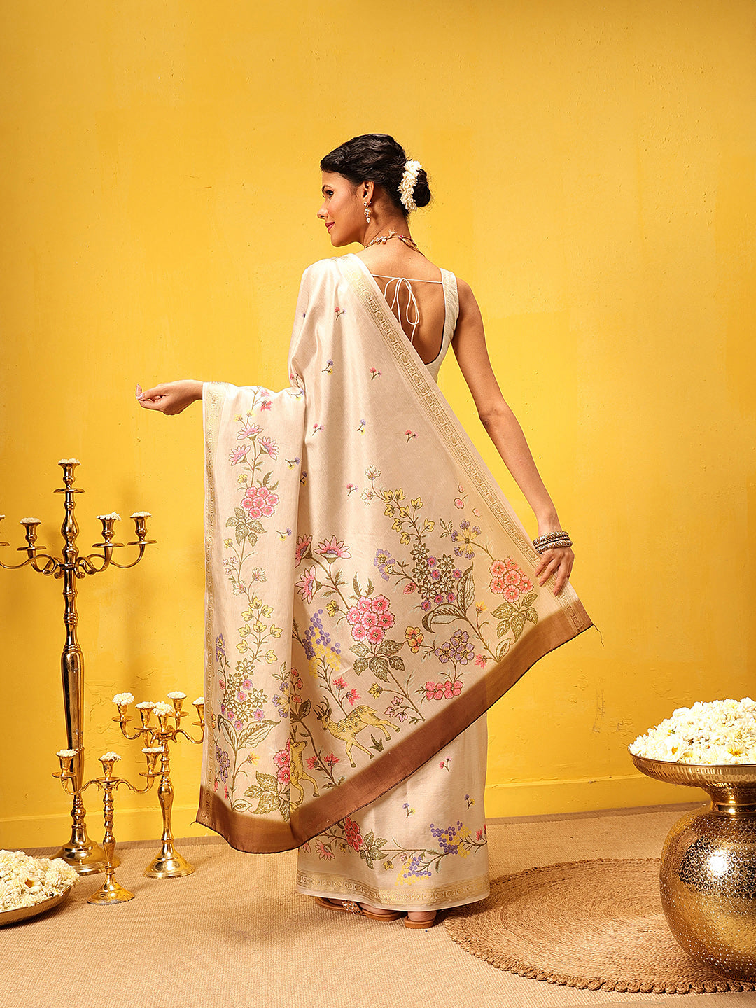 Hiral Fashion Beige Banarasi Art Silk Floral Digital Printed Saree | Swadesiicart