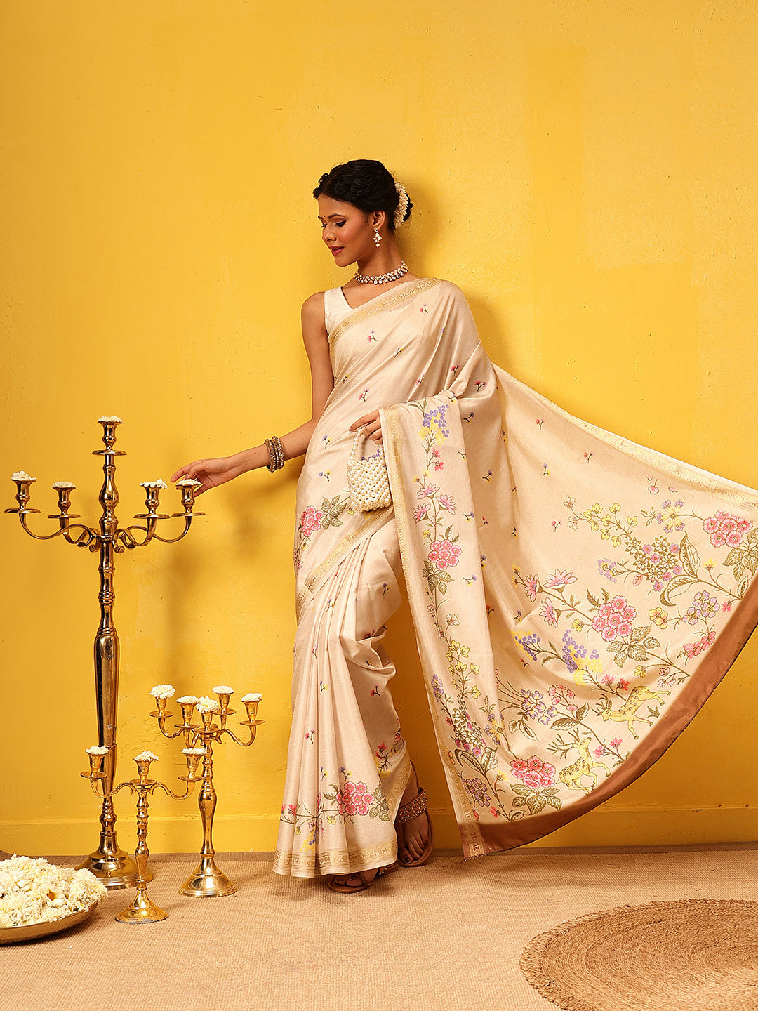 Hiral Fashion Beige Banarasi Art Silk Floral Digital Printed Saree | Swadesiicart