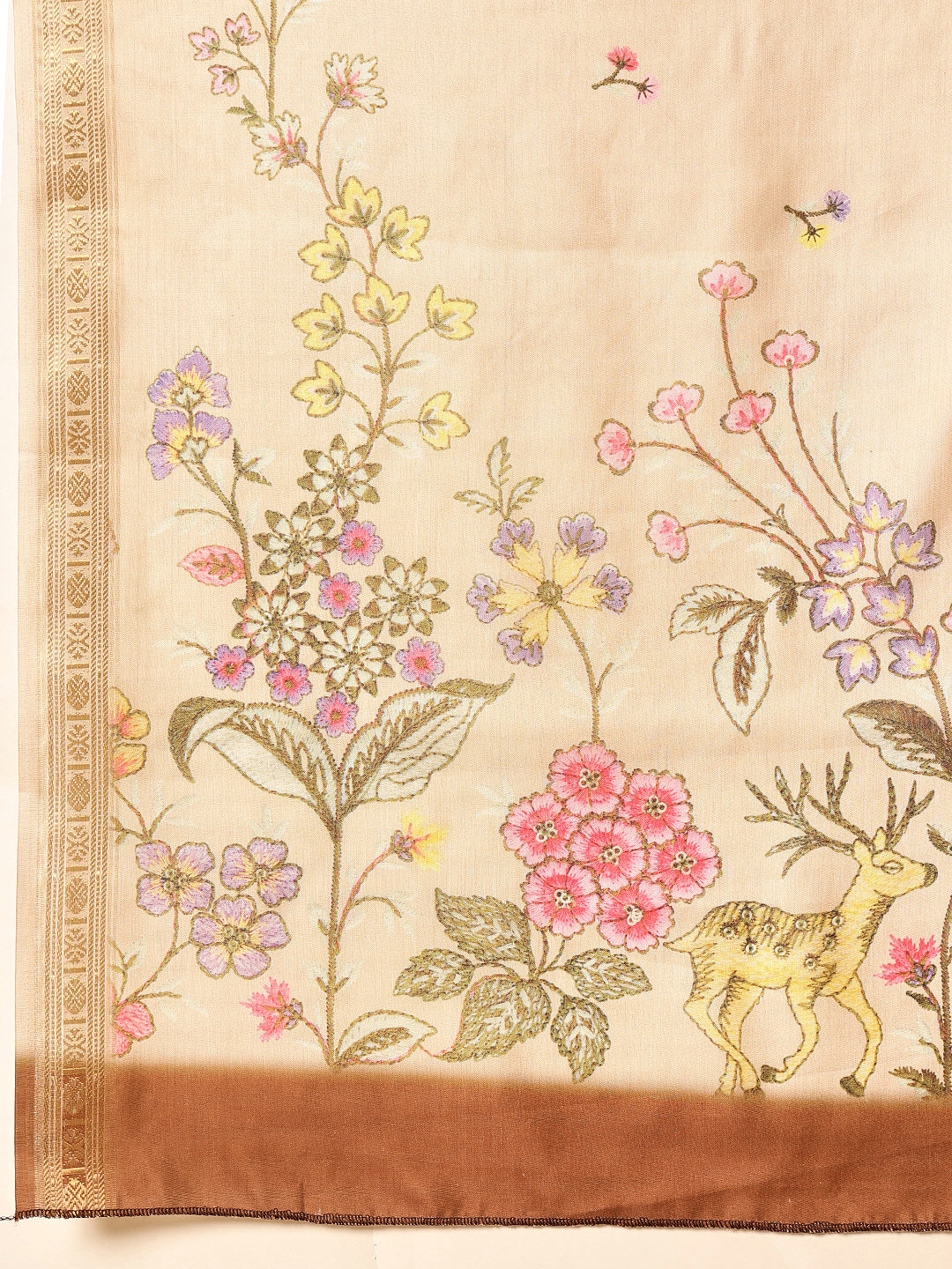 Hiral Fashion Beige Banarasi Art Silk Floral Digital Printed Saree | Swadesiicart