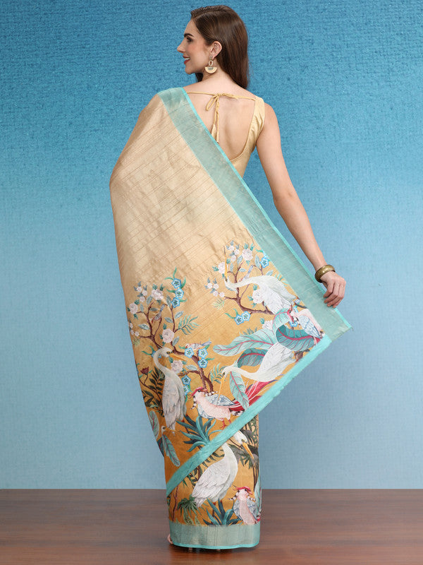 Beige Tusser Silk Digital Print Animal Print Saree with Unstitched Blouse - Hiral Fashion | Swadesiicart