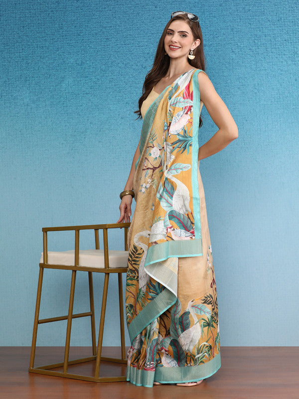 Beige Tusser Silk Digital Print Animal Print Saree with Unstitched Blouse - Hiral Fashion | Swadesiicart
