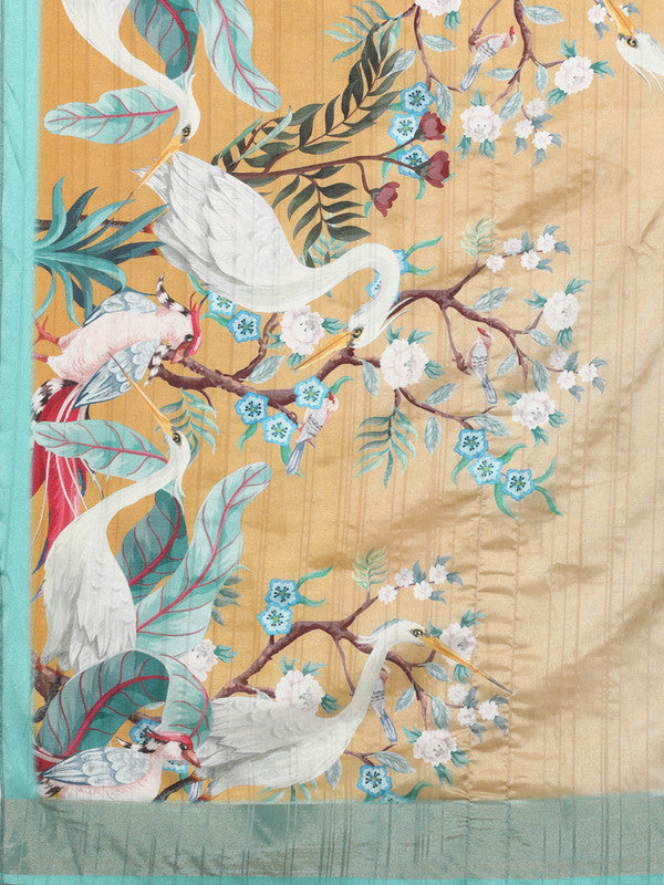 Beige Tusser Silk Digital Print Animal Print Saree with Unstitched Blouse - Hiral Fashion | Swadesiicart