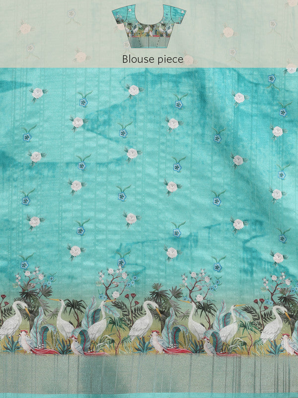 Beige Tusser Silk Digital Print Animal Print Saree with Unstitched Blouse - Hiral Fashion | Swadesiicart