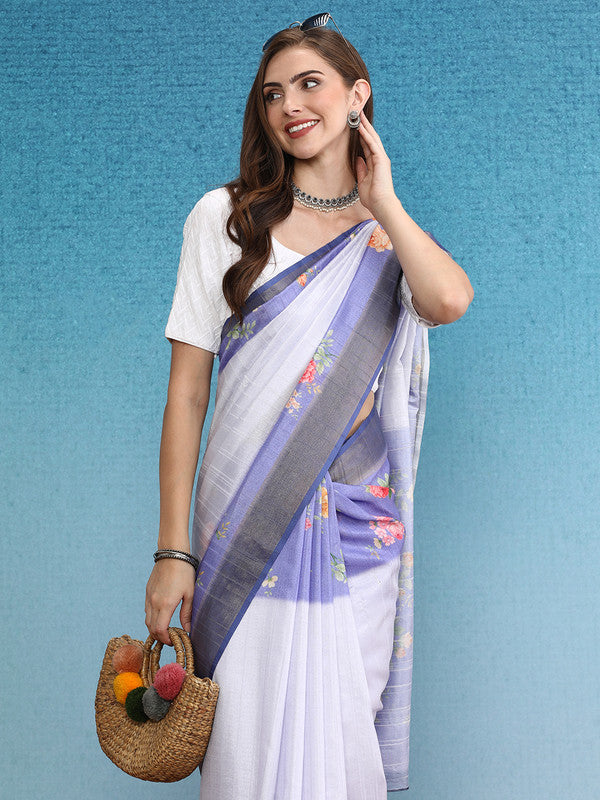 Lavender Tusser Silk Digital Print Floral Saree with Unstitched Blouse - Hiral Fashion | Swadesiicart