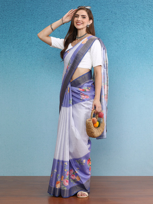 Lavender Tusser Silk Digital Print Floral Saree with Unstitched Blouse - Hiral Fashion | Swadesiicart