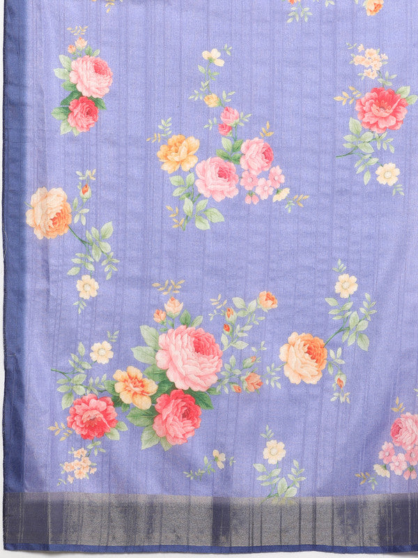 Lavender Tusser Silk Digital Print Floral Saree with Unstitched Blouse - Hiral Fashion | Swadesiicart