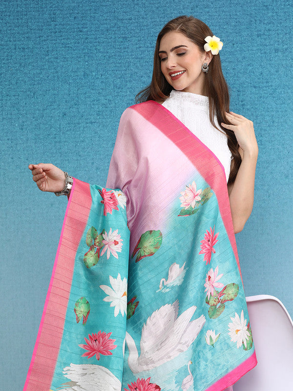 Pink Tusser Silk Digital Print Animal Print Saree with Unstitched Blouse - Hiral Fashion | Swadesiicart