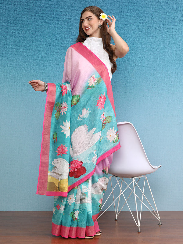 Pink Tusser Silk Digital Print Animal Print Saree with Unstitched Blouse - Hiral Fashion | Swadesiicart