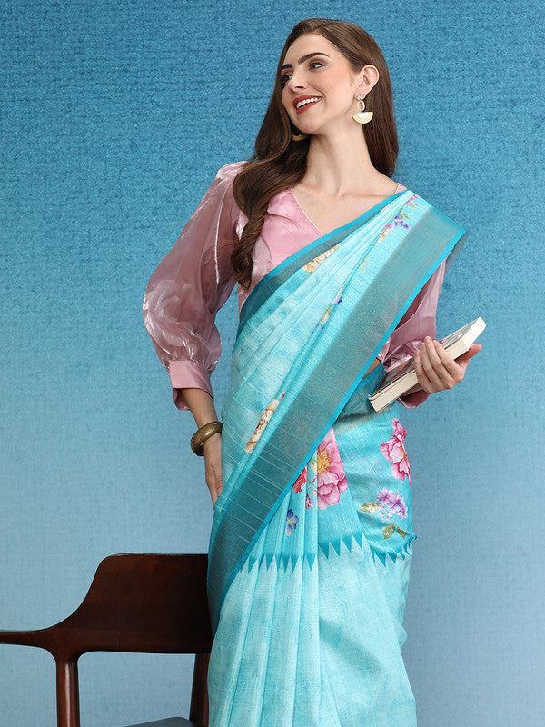 Turquoise Tusser Silk Digital Print Floral Saree with Unstitched Blouse - Hiral Fashion | Swadesiicart