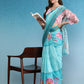 Turquoise Tusser Silk Digital Print Floral Saree with Unstitched Blouse - Hiral Fashion | Swadesiicart