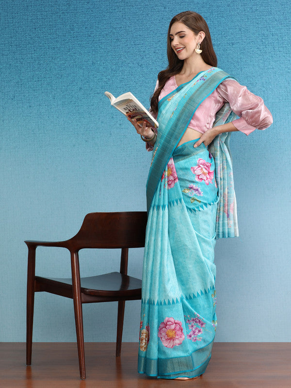 Turquoise Tusser Silk Digital Print Floral Saree with Unstitched Blouse - Hiral Fashion | Swadesiicart