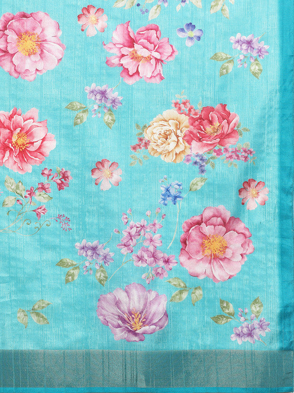 Turquoise Tusser Silk Digital Print Floral Saree with Unstitched Blouse - Hiral Fashion | Swadesiicart