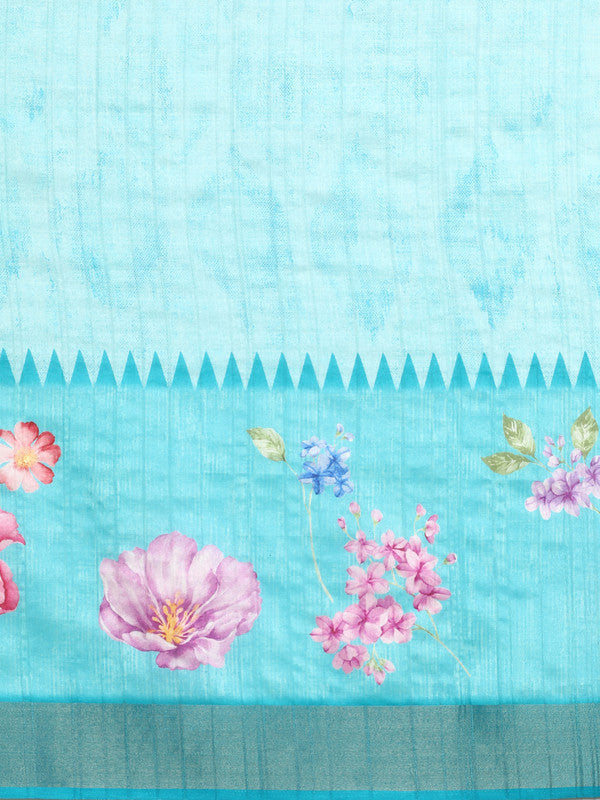 Turquoise Tusser Silk Digital Print Floral Saree with Unstitched Blouse - Hiral Fashion | Swadesiicart