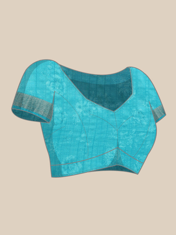 Turquoise Tusser Silk Digital Print Floral Saree with Unstitched Blouse - Hiral Fashion | Swadesiicart