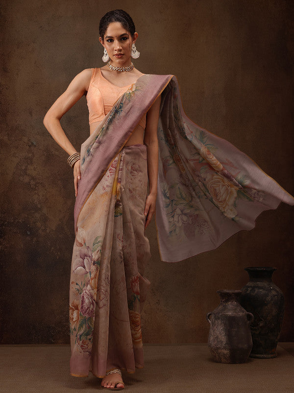 Beige Cotton Blend Digital Print Floral Saree with Unstitched Blouse - Hiral Fashion | Swadesiicart