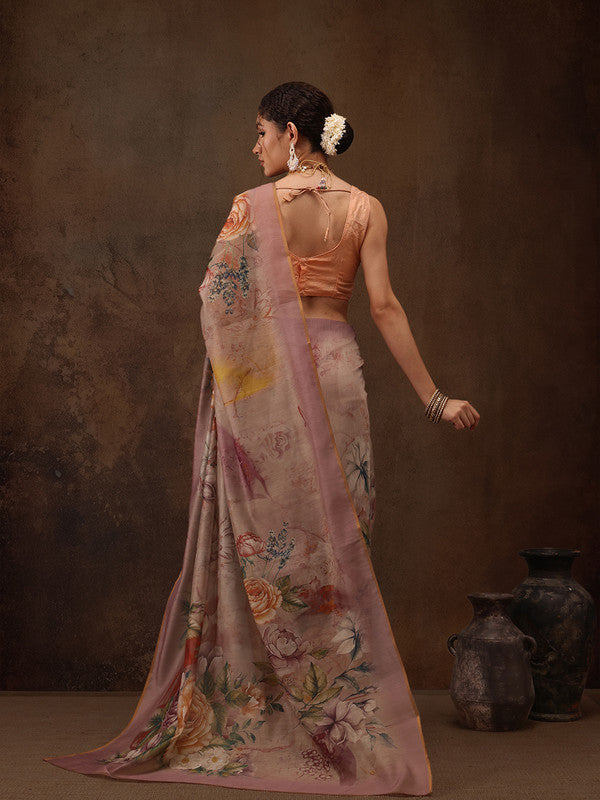 Beige Cotton Blend Digital Print Floral Saree with Unstitched Blouse - Hiral Fashion | Swadesiicart