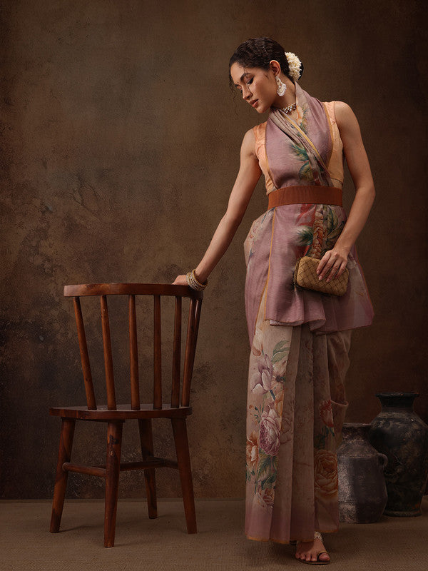 Beige Cotton Blend Digital Print Floral Saree with Unstitched Blouse - Hiral Fashion | Swadesiicart