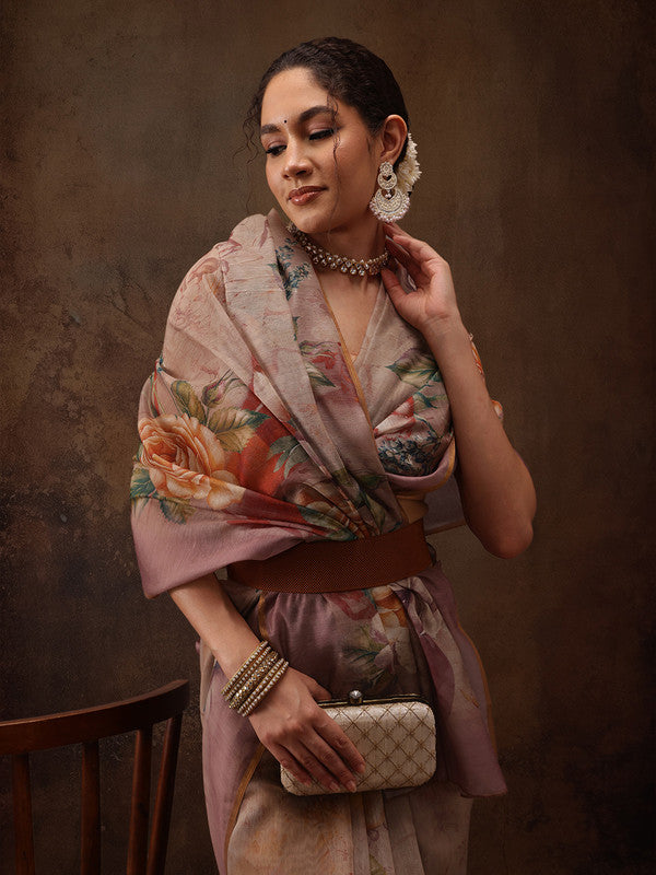 Beige Cotton Blend Digital Print Floral Saree with Unstitched Blouse - Hiral Fashion | Swadesiicart